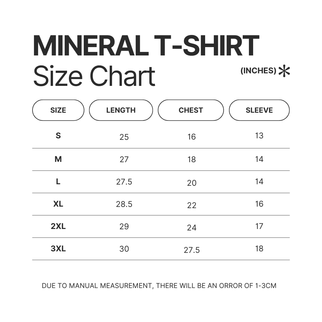 Mineral Wash T shirt Size Chart - Grand Blue Merch